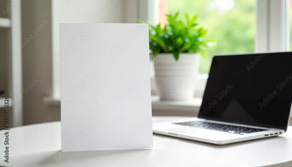A4 paper mockup with laptop on desk near window and greenery background
A4 paper mockup with laptop on desk near window and greenery background