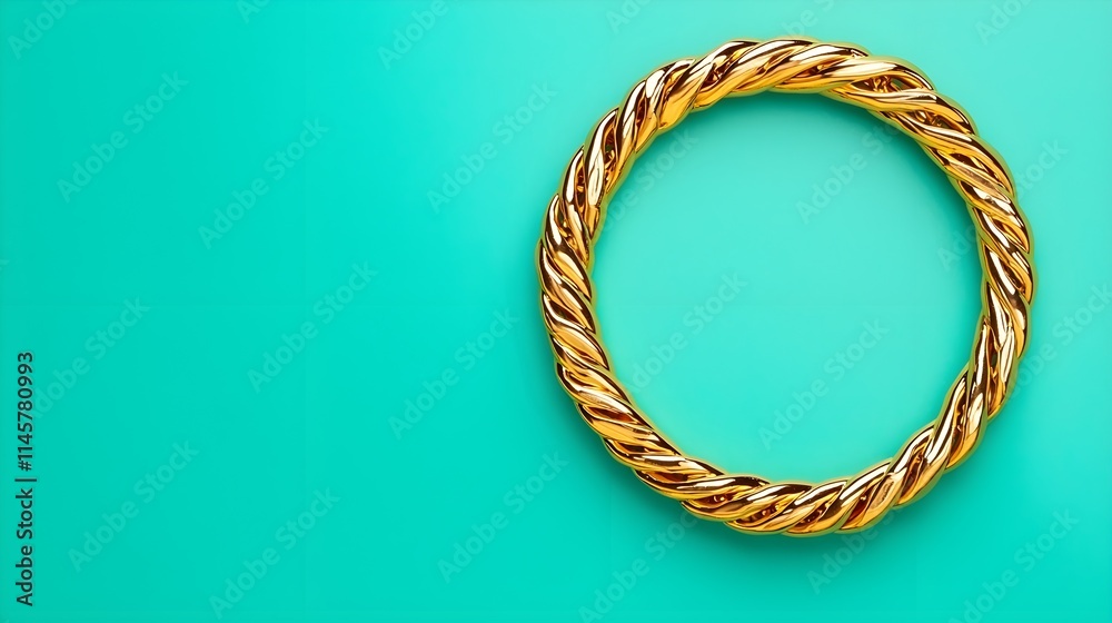 Elegant Golden Twisted Bangle Jewelry on Vibrant Turquoise Background Elegant Golden Twisted Bangle Jewelry on Vibrant Turquoise Background