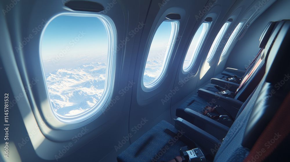 Fototapeta premium Closed, open and ajar plane window view from inside. Realistic 3d vector illustration of aircraft porthole during flight. Passenger seat fuselage. Flying airplane interior element frame mockup.