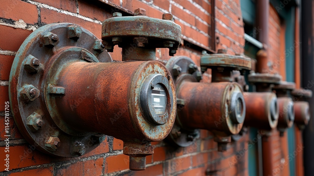 A row of weathered industrial water meters mounted on a brick wall. A row of weathered industrial water meters mounted on a brick wall.
