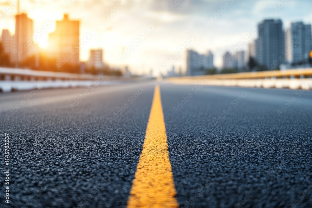 Wide open road stretching toward a city skyline under a glowing sunset sky Wide open road stretching toward a city skyline under a glowing sunset sky