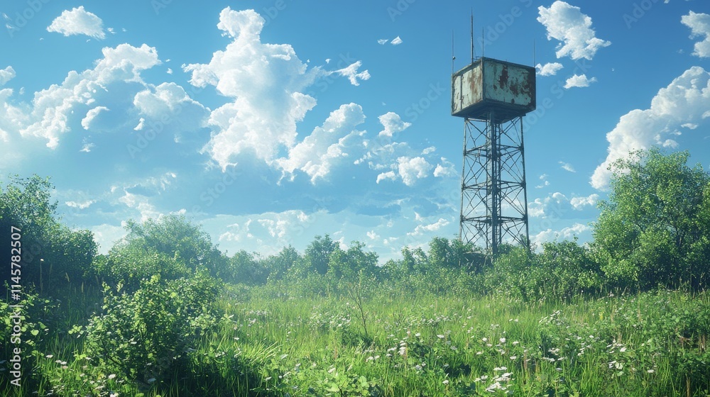 Tall Signal Tower Standing Against a Bright Blue Sky with Clouds Tall Signal Tower Standing Against a Bright Blue Sky with Clouds