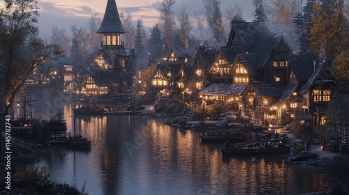 Enchanting riverside village illuminated at dusk with warm lights and tranquil reflections in a serene natural setting. photo