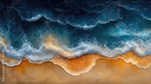 Aerial view of serene sandy beach with turbulent blue ocean waves creating beautiful patterns along the coastline photo