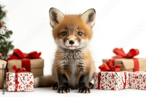 Playful baby fox surrounded by christmas gifts cozy living room high fidelity photography warm holiday atmosphere