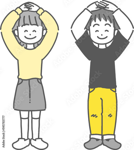 手でOKマークを作る男の子と女の子のかわいい線画イラスト
