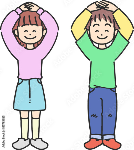手でOKマークを作る男の子と女の子のかわいい線画イラスト
