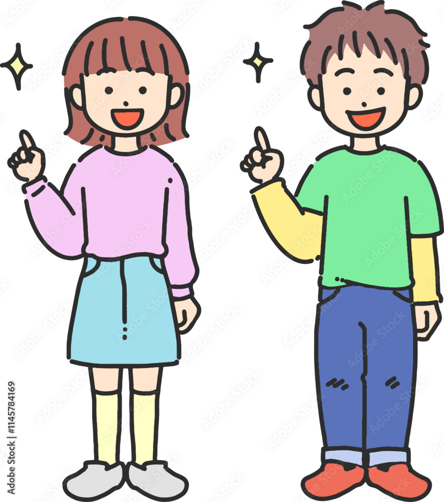指差しする男の子と女の子のかわいい線画イラスト 指差しする男の子と女の子のかわいい線画イラスト