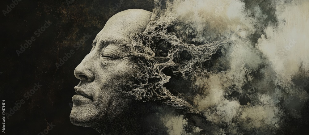 Surreal portrait of a contemplative man with abstract elements symbolizing introspection and the complexity of thoughts and emotions. Surreal portrait of a contemplative man with abstract elements symbolizing introspection and the complexity of thoughts and emotions.