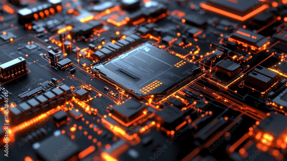 A close-up view of a circuit board with glowing components, showcasing technology and design. A close-up view of a circuit board with glowing components, showcasing technology and design.