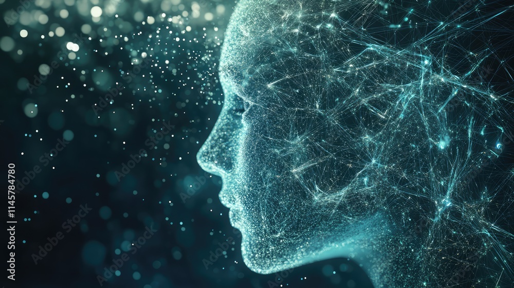 Digital representation of AI technology showcasing connections and information access in a futuristic abstract portrait of a human-like figure. Digital representation of AI technology showcasing connections and information access in a futuristic abstract portrait of a human-like figure.
