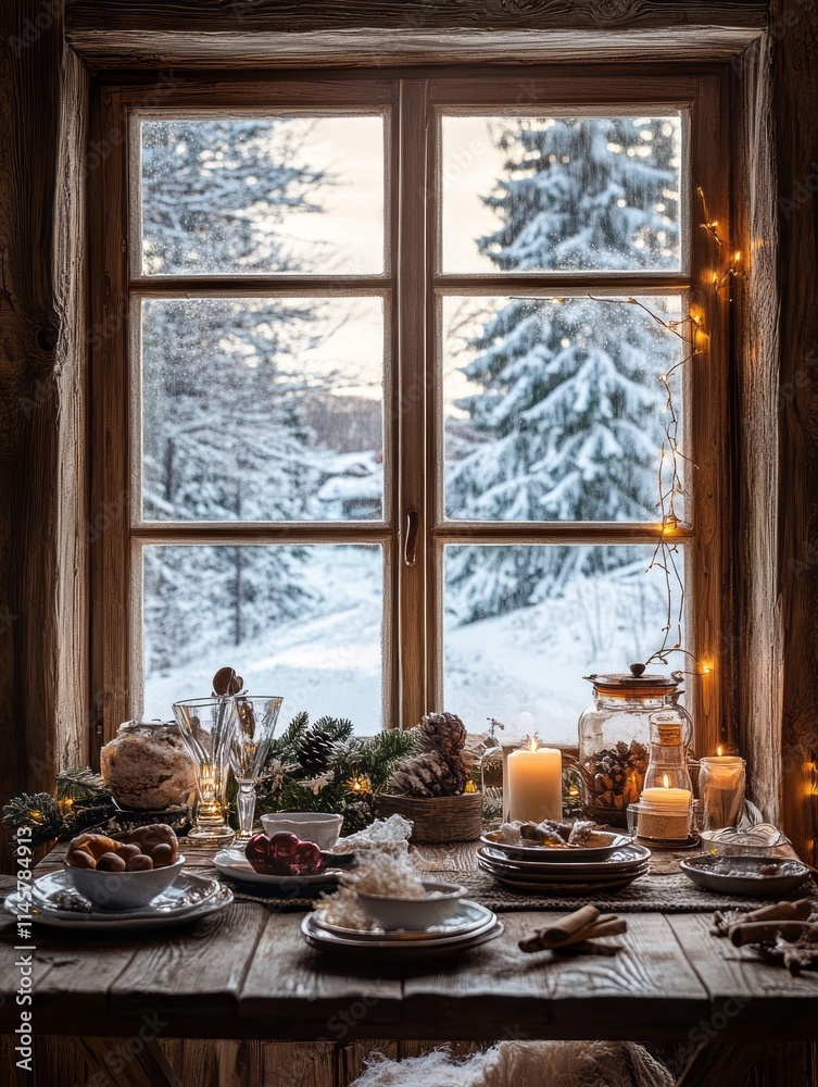 Festive Winter Table Setting by Snowy Window Festive Winter Table Setting by Snowy Window