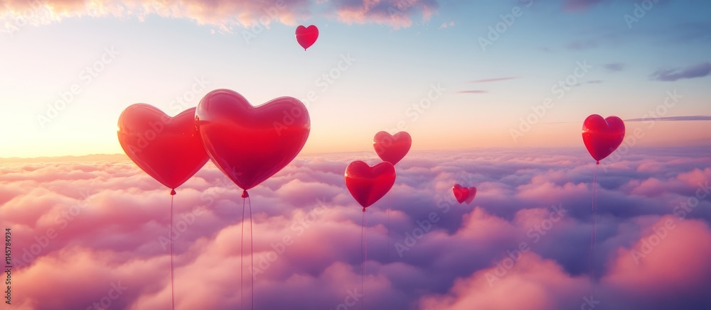 Fototapeta premium Red heart shaped balloons floating above pink clouds in a fairytale sky.