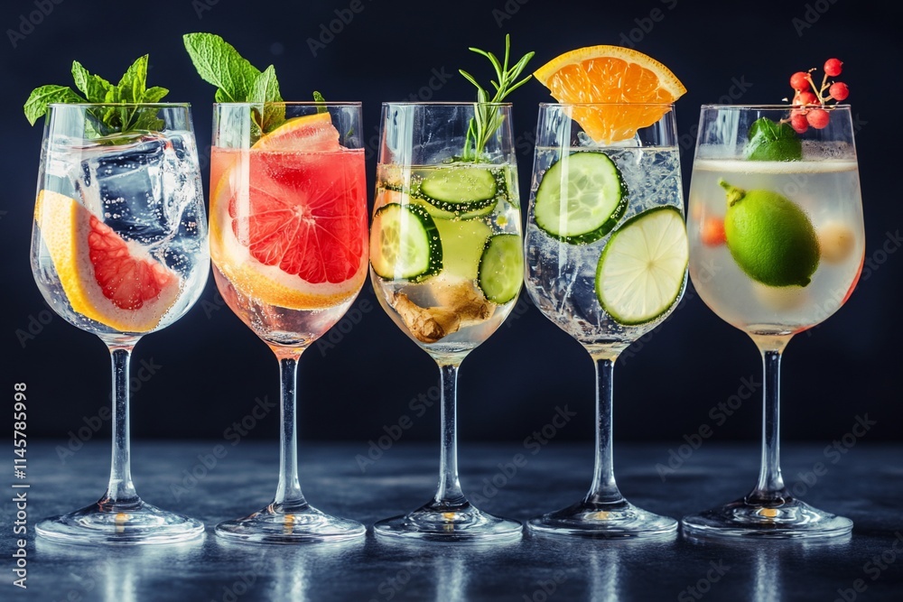 Five refreshing cocktails with fruit and herbs in wine glasses.