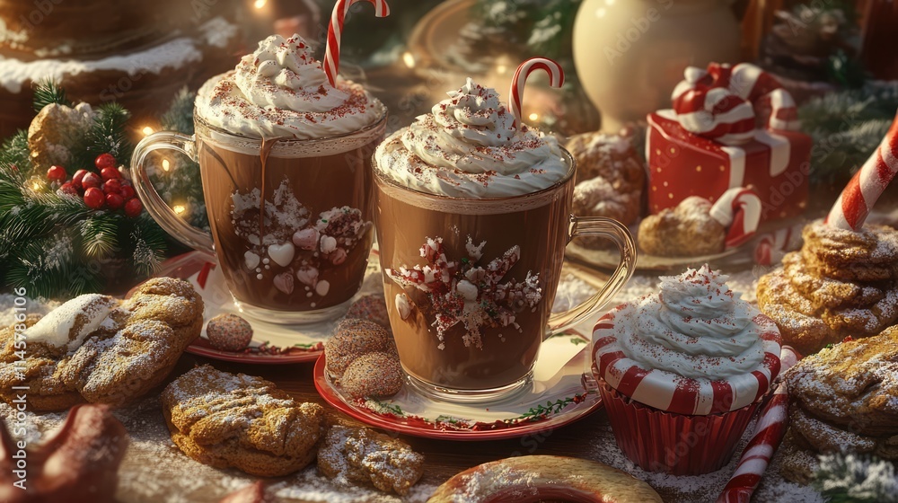 Naklejka premium Cozy Christmas Scene with Hot Chocolate Candy Canes and Festive Cookies on a Rustic Wooden Table