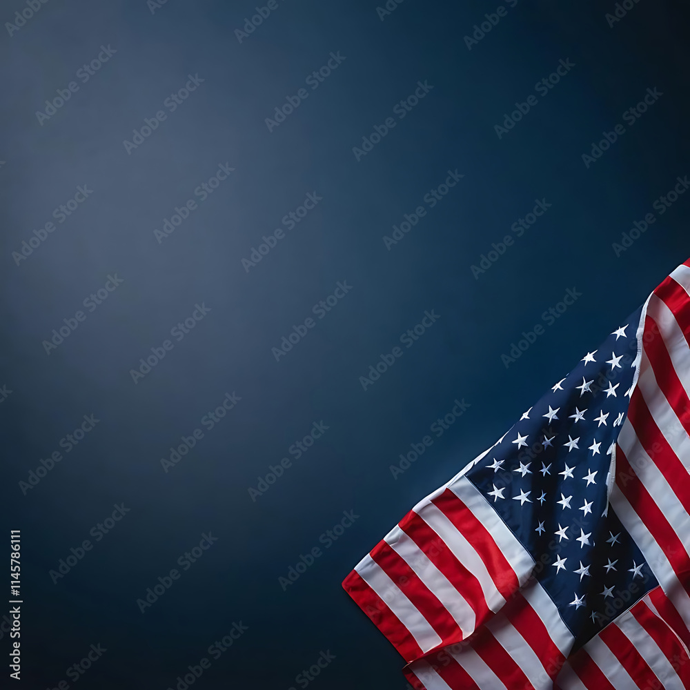 Obraz premium Display of the American Flag Against a Solid Dark Blue Background with Ample Copy Space for Text or Design Elements.