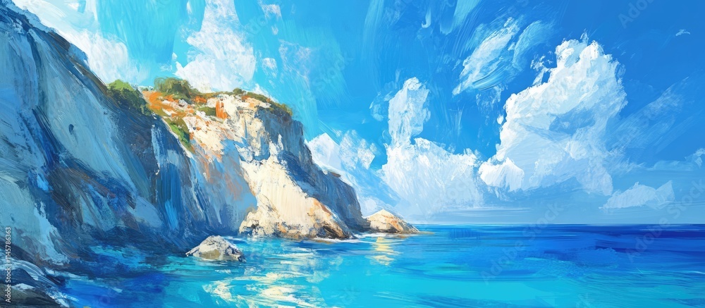 Fototapeta premium Rocky cliffs overlooking a crystal clear turquoise sea under a vibrant blue sky in a serene coastal landscape.