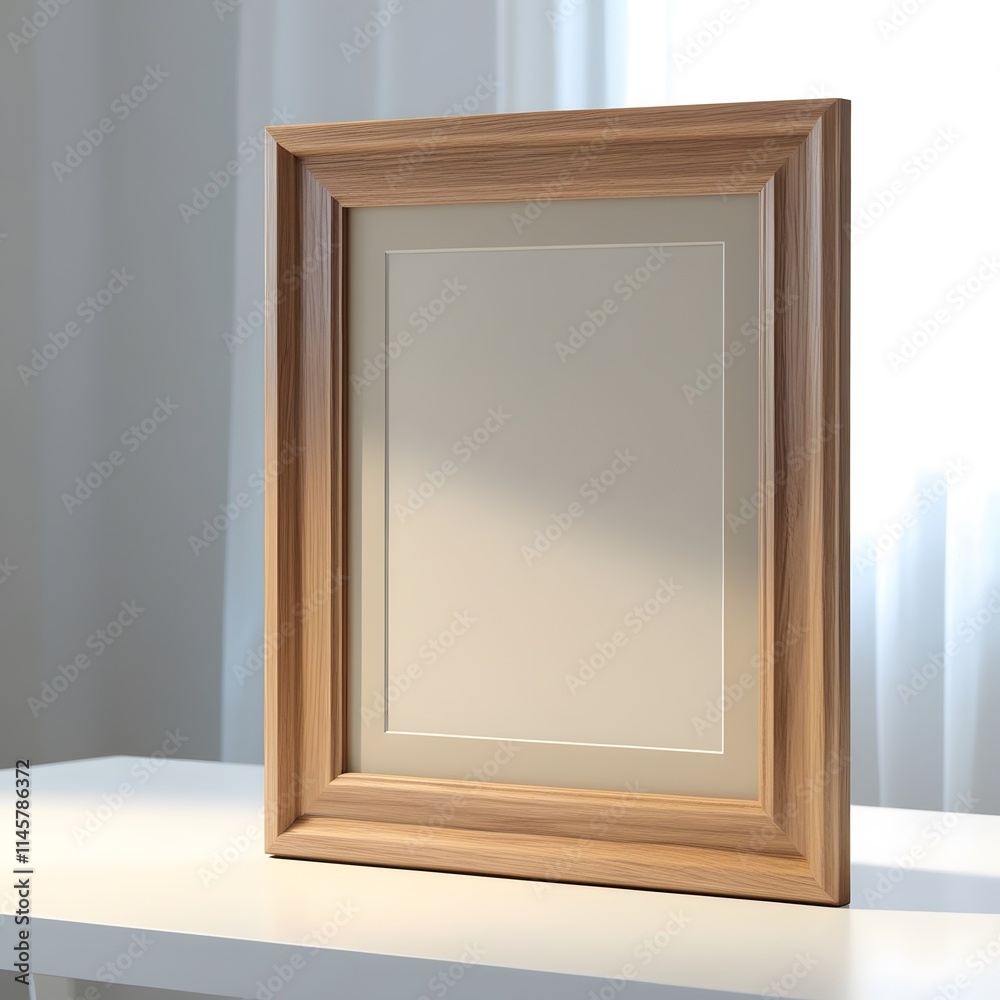 Elegant Wooden Frame Mockup: Blank Picture Frame on White Table Near Window Elegant Wooden Frame Mockup: Blank Picture Frame on White Table Near Window