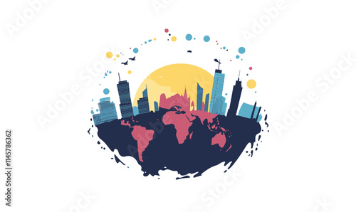 Flat Minimalist World and Cityscape Vector Art Emphasizing Environmental Conservation photo