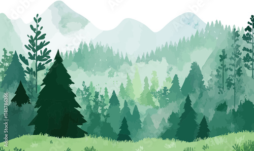 Minimalist Watercolor Pine Forest Banner with Green Mountains