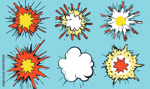 Dynamic Comic Explosion Set with Speech Bubbles in Minimalist SVG Vector Art