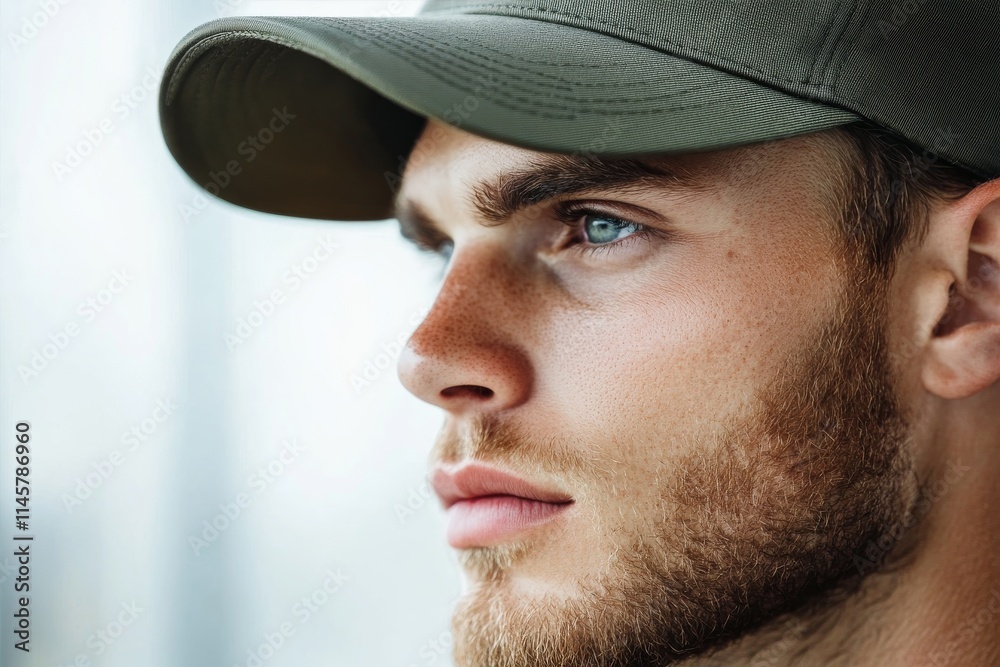 Young man with cap gazing thoughtfully out of a window in a modern urban setting during daylight hours Young man with cap gazing thoughtfully out of a window in a modern urban setting during daylight hours