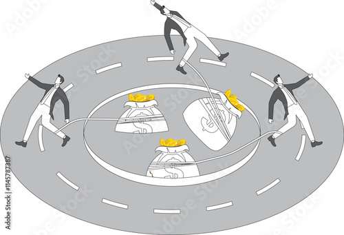Three businessmen being pulled into the cave by a heavy money bag