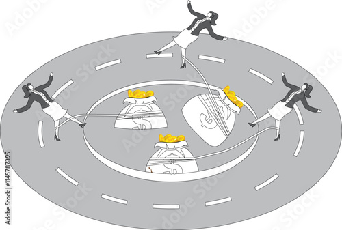 Three businesswomen being pulled into the cave by a heavy money bag