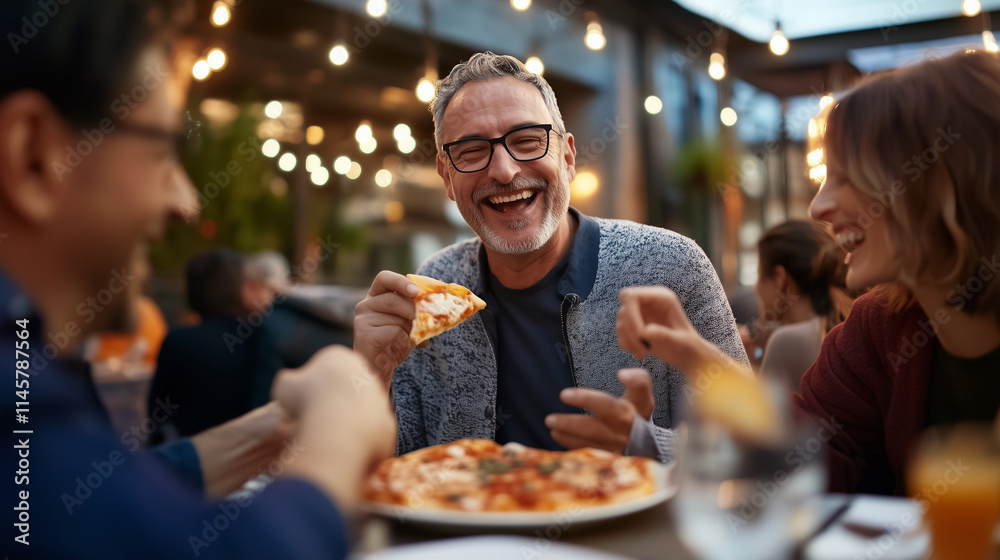 A group of friends enjoying a lively meal at an Italian restaurant, their hands eagerly reaching for slices of fresh pizza, sharing laughter and good conversation over the deliciou