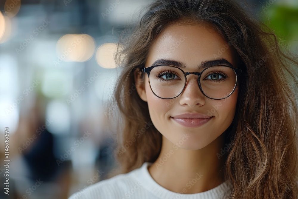 Young woman with glasses smiling in a modern cafe during daytime Young woman with glasses smiling in a modern cafe during daytime