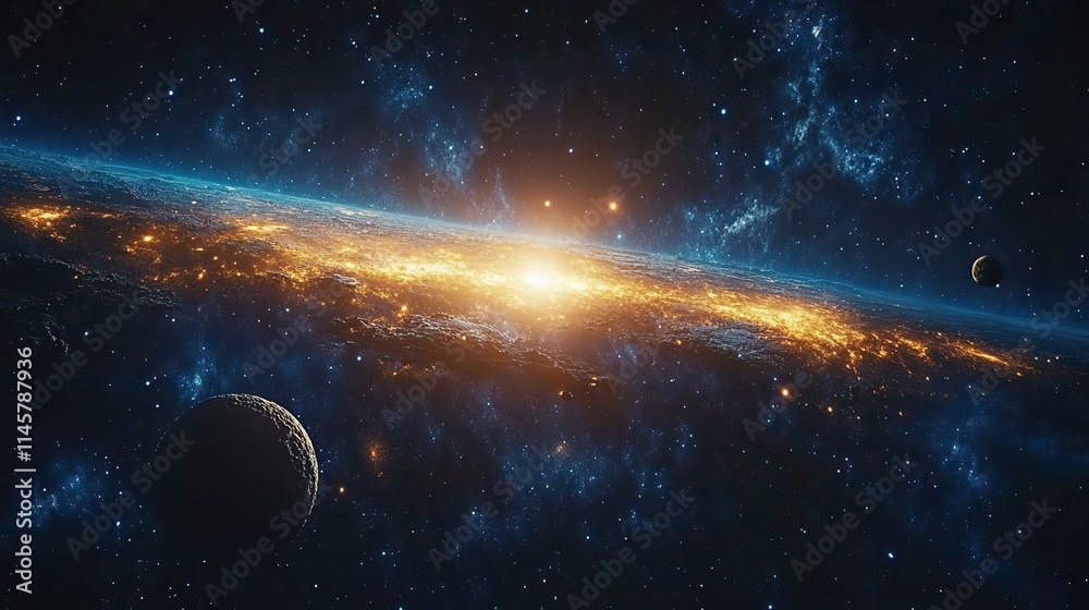 Obraz premium Planets and an asteroid are depicted in the night sky, showcasing the wonders of our solar system and the vastness of the universe.