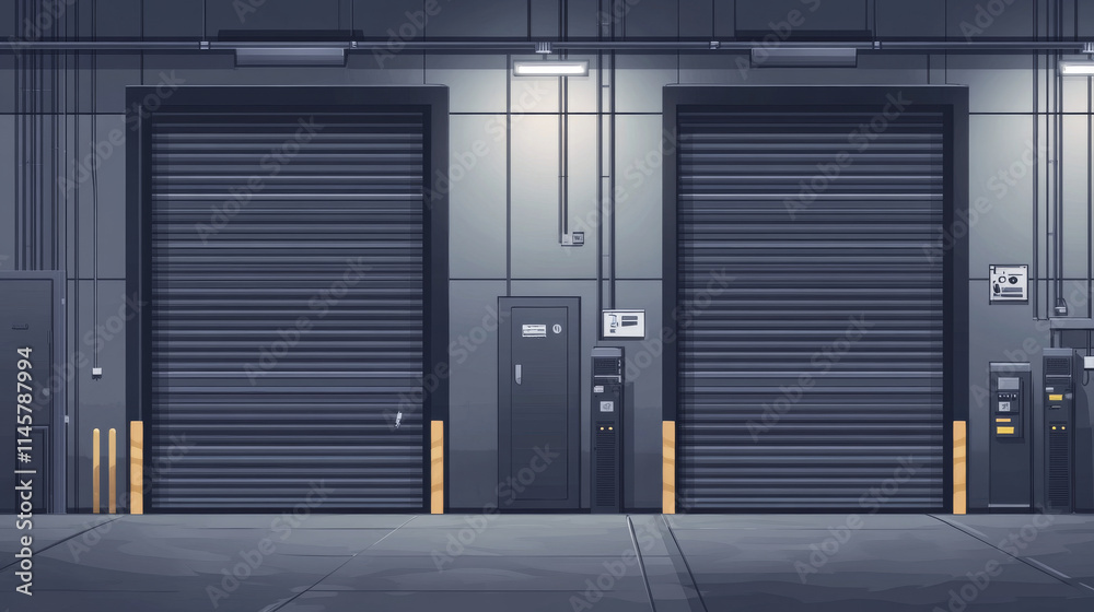 Gate with metal rolling shutter in gray wall. Vector realistic illustration of hallway in commercial garage or warehouse with closed and open roller up blinds. Building facade with automatic doors Gate with metal rolling shutter in gray wall. Vector realistic illustration of hallway in commercial garage or warehouse with closed and open roller up blinds. Building facade with automatic doors