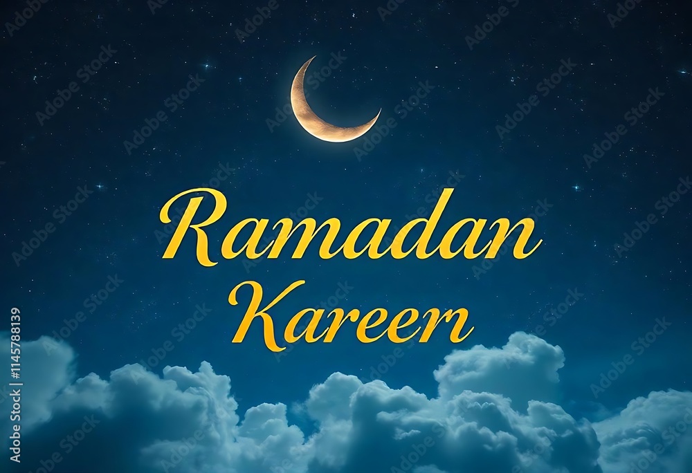 Naklejka premium Ramadan Kareem with Crescent Moon and Clouds