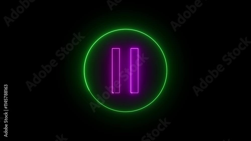 Neon glowing purple pause video icon, video play button icon animation on a black background.