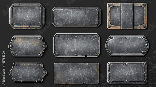 Black metal labels set isolated on background. Vector realistic illustration of blank square and rectangular stainless steel frames, grungy aluminum plaques with scratches and rivets, game ui elements