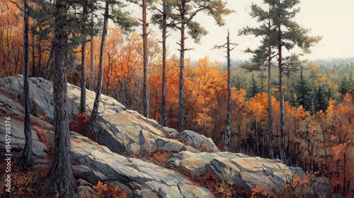Pines standing tall on rocky terrain overlooking a vibrant autumn beech forest with lush foliage and serene natural beauty.