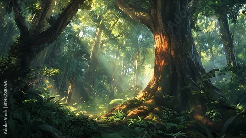 The forest bathed in warm sunlight as rays penetrate the thick greenery, highlighting the natural textures of tree trunks and foliage below 