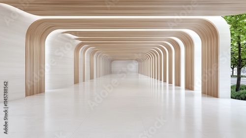 Modern wooden arched hallway with white walls and floor.