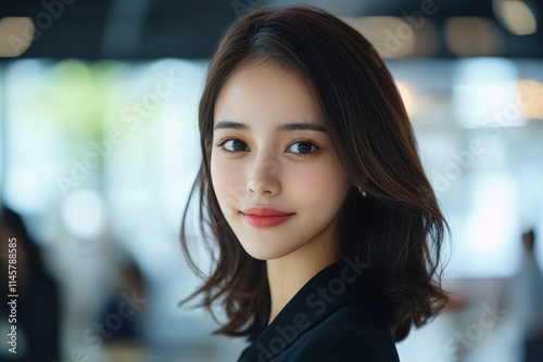 Wallpaper Mural Young woman with elegant hairstyle and warm smile in a modern indoor setting surrounded by soft light Torontodigital.ca