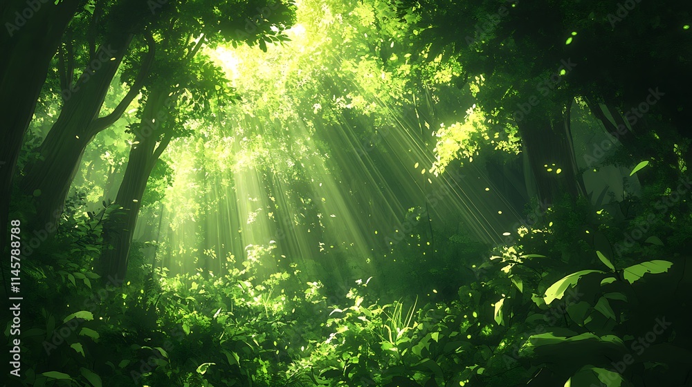 Fototapeta premium Sunbeams pouring through a dense canopy of leaves in a forest, with green foliage enveloping the scene and a peaceful atmosphere throughout 