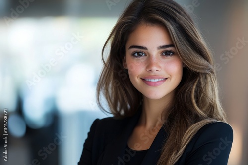 Wallpaper Mural Confident young woman with long hair smiles while posing in a modern office setting during daylight hours Torontodigital.ca