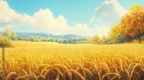 Golden rice field in autumn with ripe grains under a blue sky and fluffy clouds showcasing a serene harvest landscape. photo