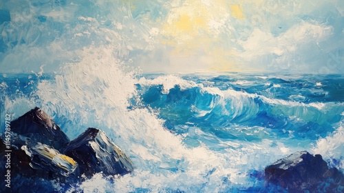 Dynamic ocean waves crashing against rocky shores under a vibrant sky showcasing nature's raw beauty and power.