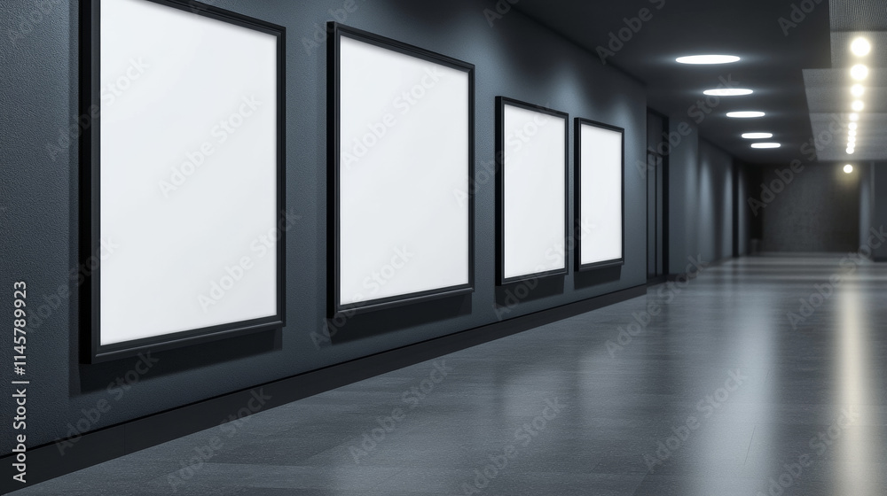 Blank movie posters illuminated by spotlights. Vector realistic mockup of white picture in black frames on gray tiled wall in cinema, theater hallway or gallery. Empty advertising banners with lamps Blank movie posters illuminated by spotlights. Vector realistic mockup of white picture in black frames on gray tiled wall in cinema, theater hallway or gallery. Empty advertising banners with lamps