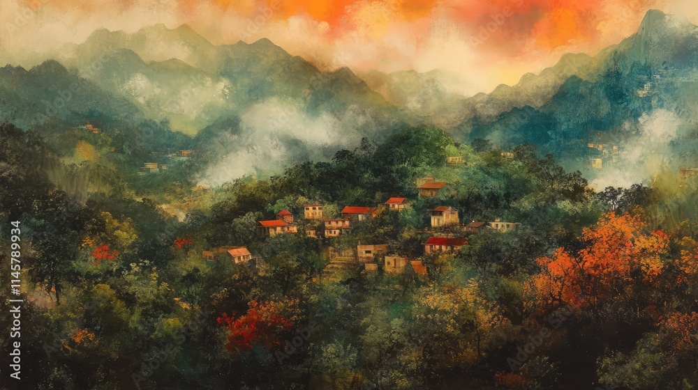 Fototapeta premium Serene Village Landscape in Majestic Mountains with Vibrant Sunset and Lush Greenery Capturing Natural Beauty and Tranquility