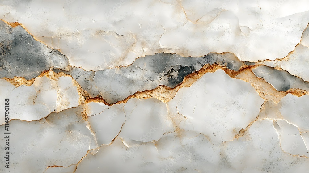Close-up of elegant white marble with grey and gold veins, showing texture and cracks. Close-up of elegant white marble with grey and gold veins, showing texture and cracks.