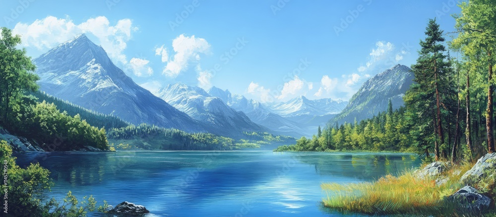 Panoramic landscape featuring a serene blue lake surrounded by majestic mountains and lush greenery under a clear blue sky