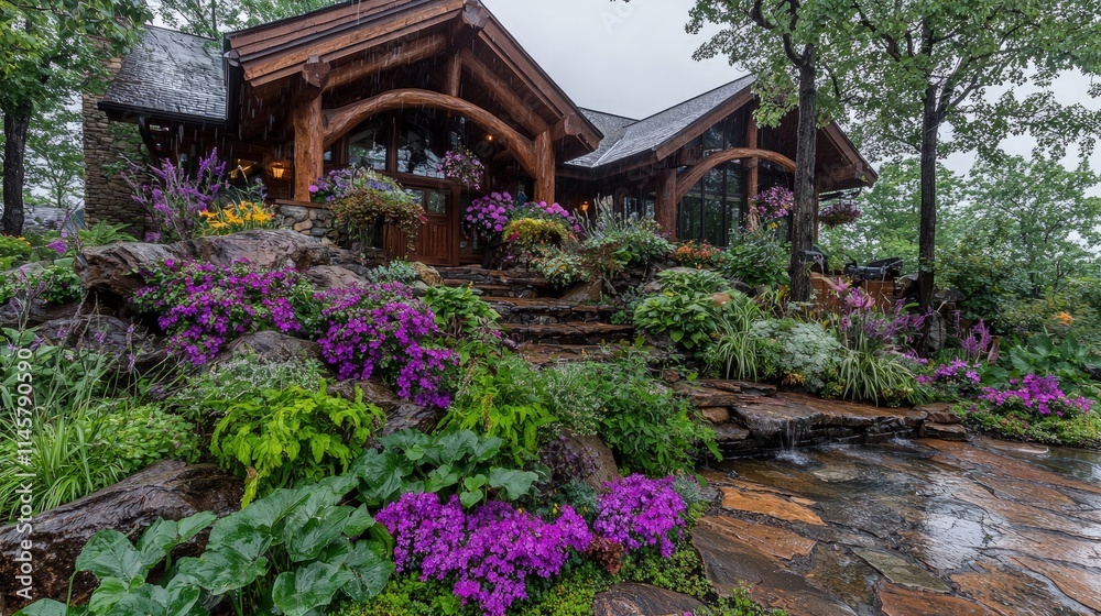 Rainy day at a luxurious log cabin with a vibrant flower garden and stone pathway. Rainy day at a luxurious log cabin with a vibrant flower garden and stone pathway.