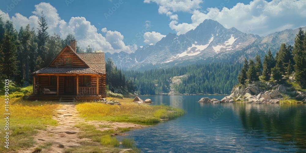 Fototapeta premium A serene cabin by a lake, surrounded by mountains and lush greenery under a blue sky.