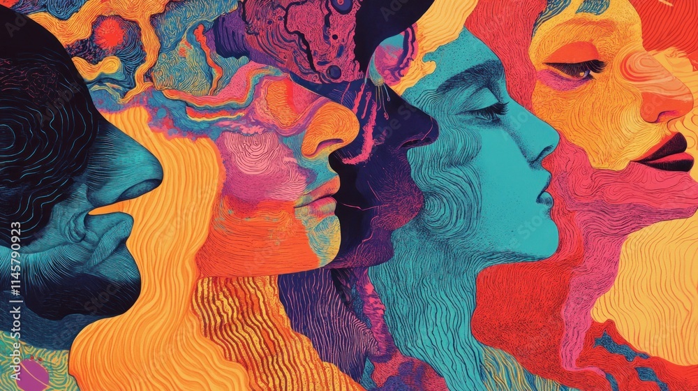 Abstract vibrant portrait of five faces in profile, colorful swirls and lines. Abstract vibrant portrait of five faces in profile, colorful swirls and lines.